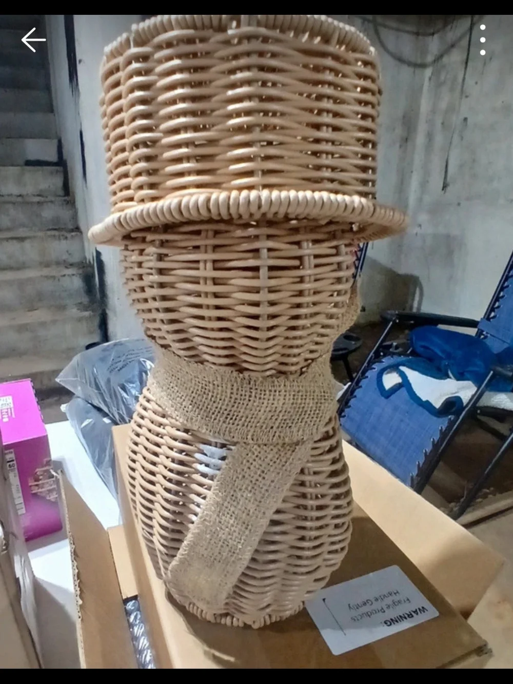 Natural Wicker Snowman Accent with Burlap Scarf New